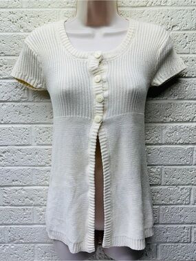 VTG‼ Y2K UNIT Sz M Off-White Cable Knit Sweater Top-Button Cardigan A-Line • VG‼
